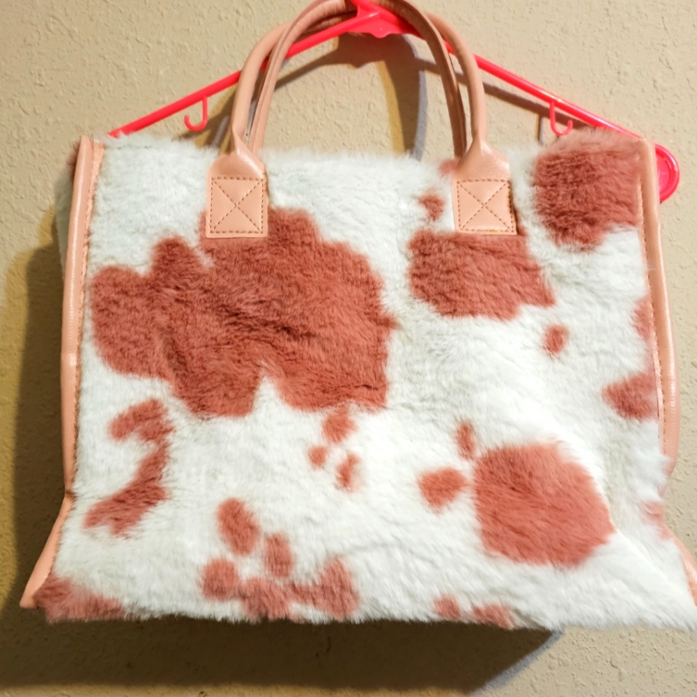 Cow print pink and white fux fur bag